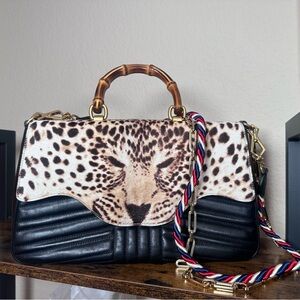 Authentic Gucci RUNWAY EDITION Leopard Pony Hair Bamboo Top Handle